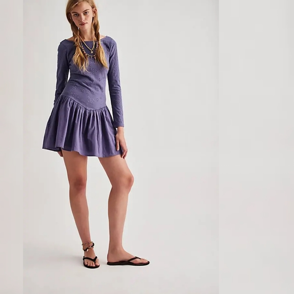 Free People Surly Mini Dress In Heron Blue Long Sleeve Women's Size XL
